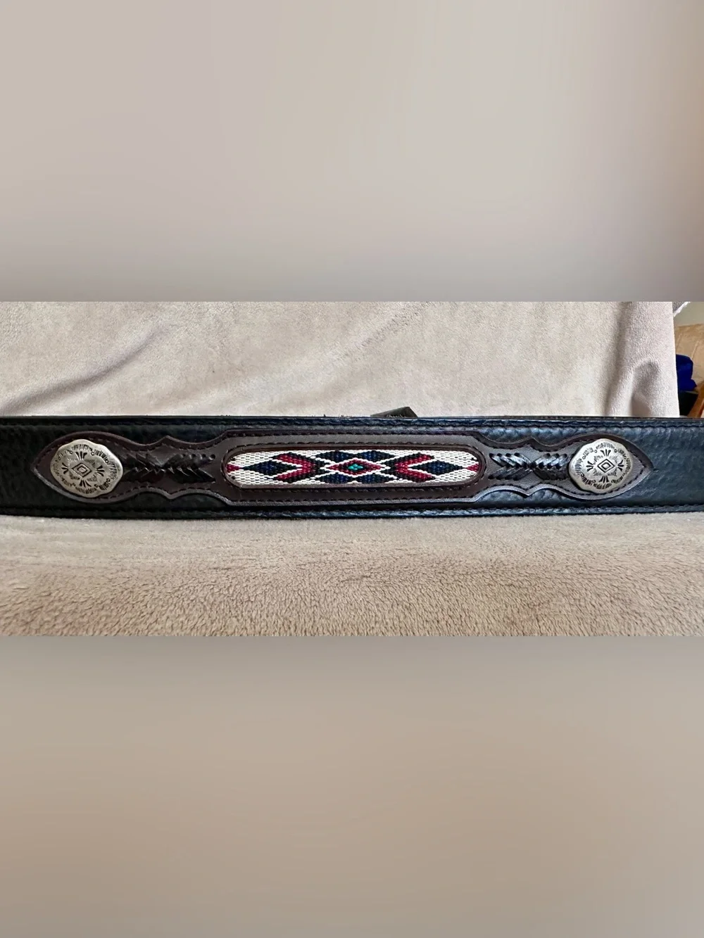VINTAGE AZTEC THEMED LEATHER BELT & USA BUCKLE.